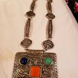 Large Silver Indian Ethnic Colorful Pendant Necklace